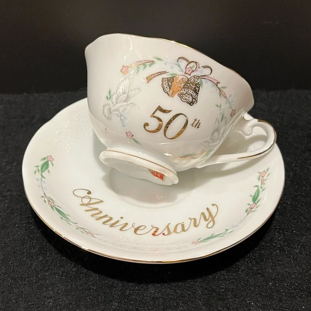 Vintage 1984 Lefton 50th Anniversary Teacup and Saucer Made in Japan